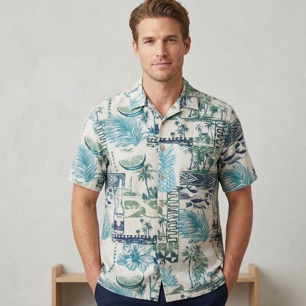 Newport Blue Corona Extra Hawaiian Shirt Size Medium Palm Tree Hibiscus